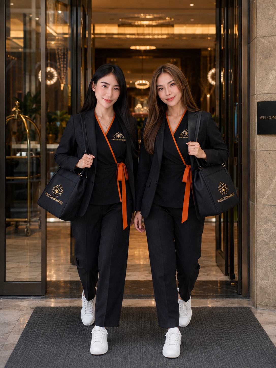 Therapists arriving at hotel entrance in uniform