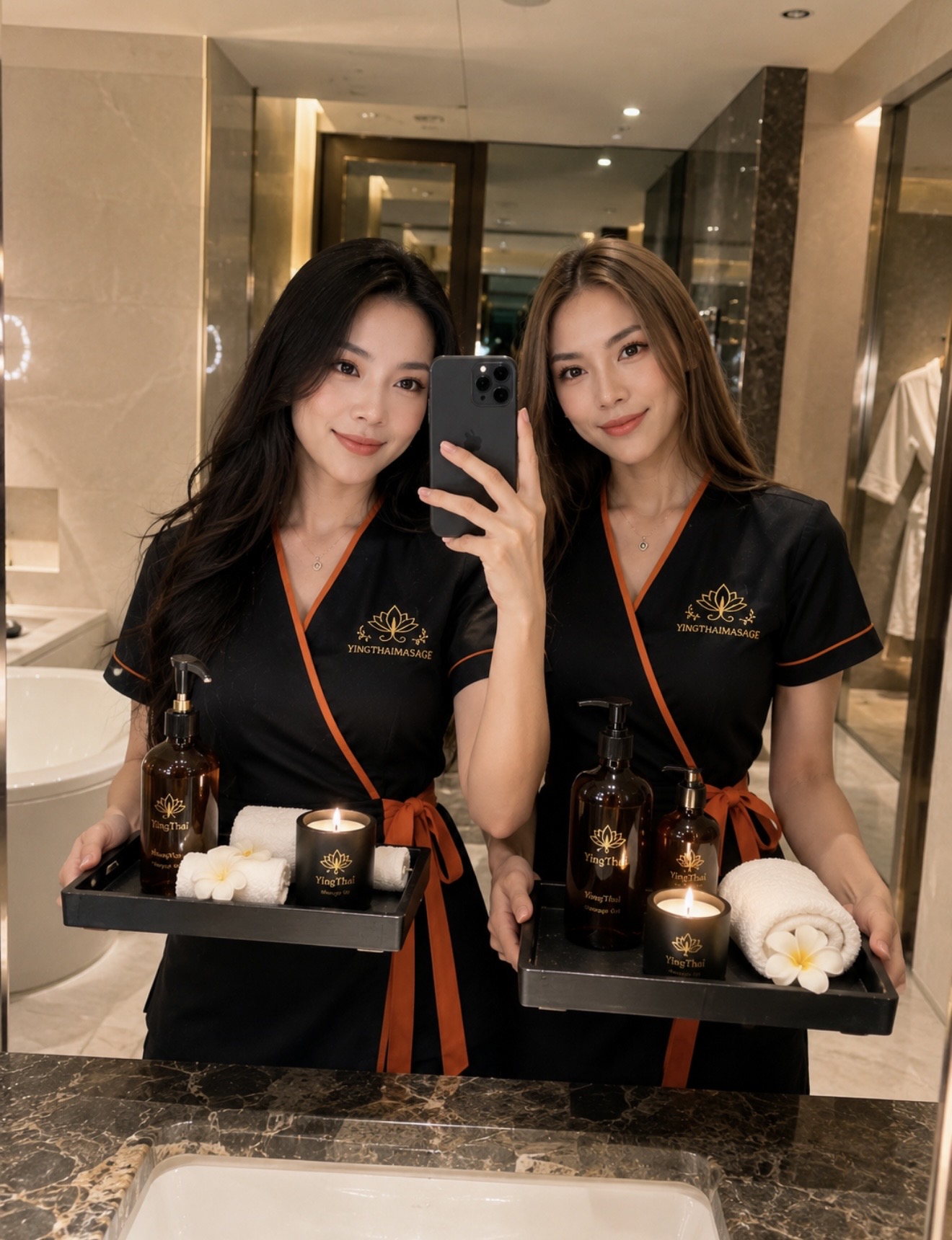 Ying Thai Massage therapists with spa tray at hotel