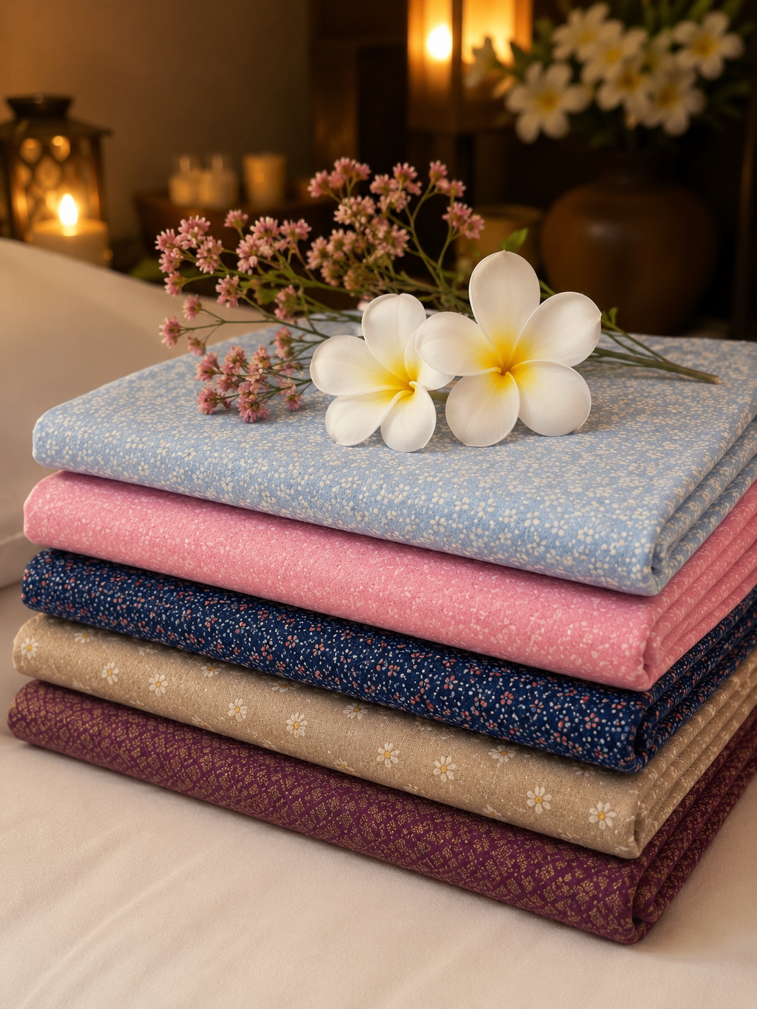 Fresh, clean folded linens with plumeria flowers — premium spa hygiene at Ying Thai Massage