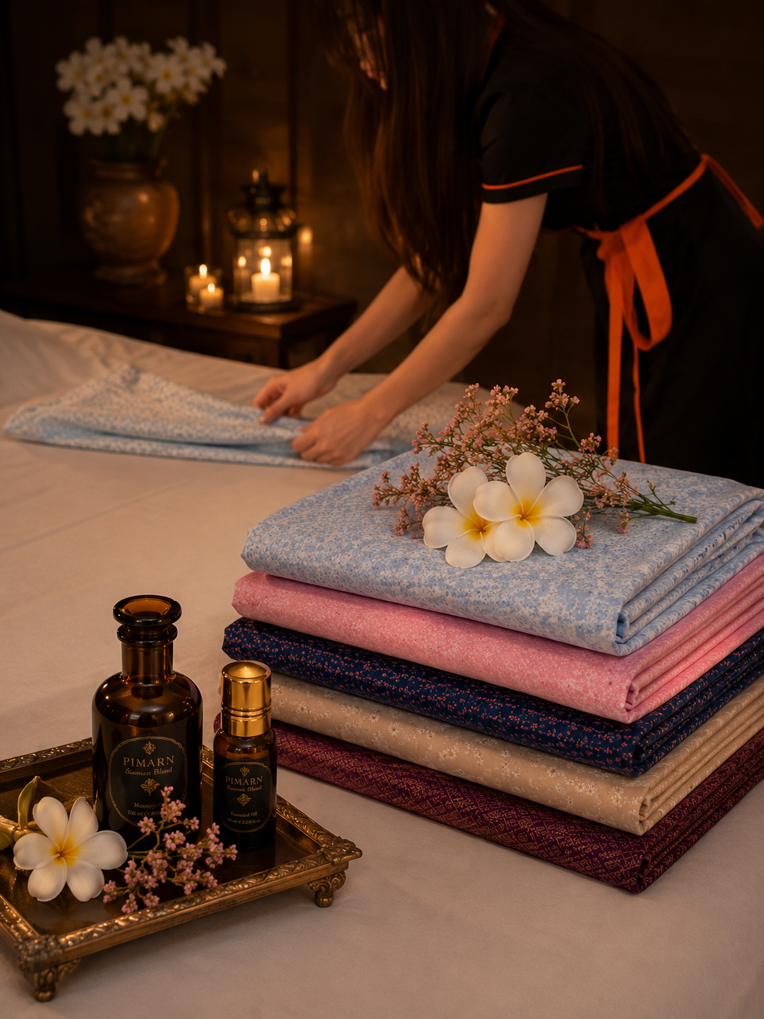 Professional Ying Thai therapist preparing fresh linens with signature aroma oils